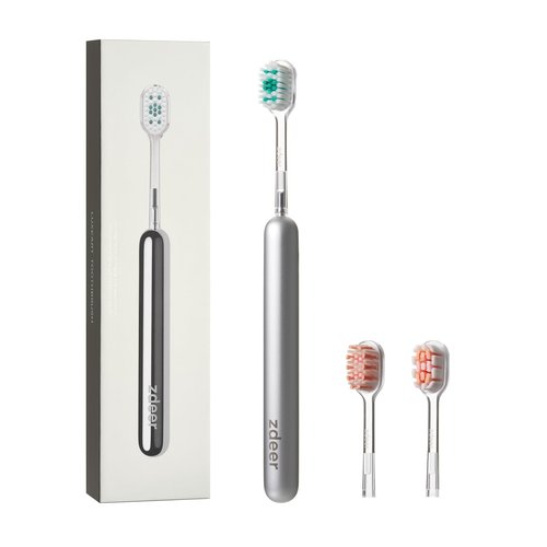 ZDEER Manual Toothbrush for Adults, Full Metal Handle, 3 Replaceable Toothbrushes Heads (Whitening, Gum Care, Cleaning), Eco-Friendly Portable Travel Toothbrush