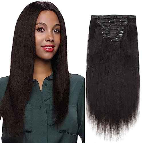 ABH AMAZINGBEAUTY HAIR Yaki Straight Clip in Human Hair Extension Virgin Real Remy Thick Hair Natural Black Double Wefts for African American Black Women 7 Pieces 120 Gram Per Set, 26 Inch