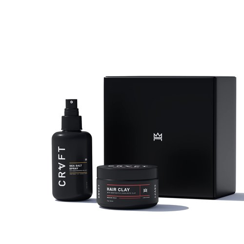 CRVFT Hair Clay 2.8oz + Sea Salt Spray 6oz Men's Bundle - Medium + Light Hold - Matte + Natural Finish - Volume + Texture + Prestyler - Stylist Approved - Scented
