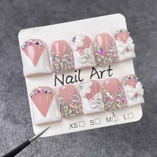 Handmade Press on Nails Rhinestones Press on Nails Short Duck Shaped Fake Nail White French Acrylic Nails Full Cover Reusable Flower False Nail for Women Girls Nail Accessories (Size M)