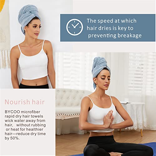 BYCOO Large Microfiber Hair Towel Wrap for Women, Anti Frizz Hair Drying Towel with Elastic Strap, Fast Dry | Super Absorbent | Quick Dry Hair Turban for Wet, Curly, Long & Thick Hair -Blue