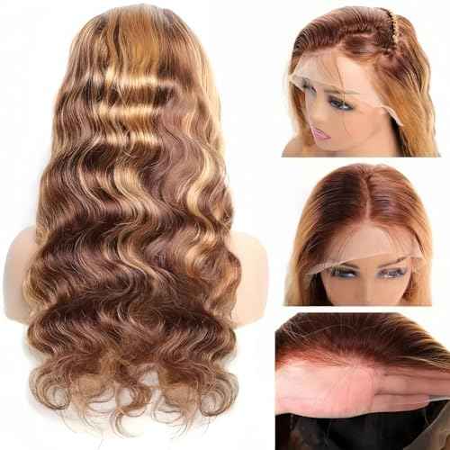 24 Inch Highlight Ombre 13x6 Lace Front Wig Human Hair Body Wave Honey Blonde Glueless HD Transparent Lace Frontal Wigs for Women 200% Density Human Pre Plucked with Baby Hair