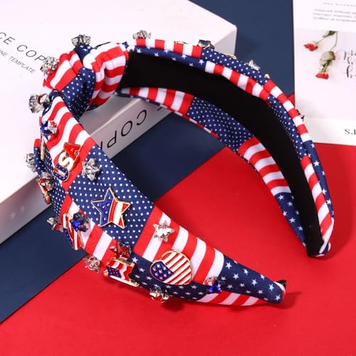 CEALXHENY 4th of July Headbands for Women, 4th of July Accessories, American Flag Patriotic Headbands, Rhinestone Pearl Knotted Headbands Beads Embellished Jeweled Headbands Holiday Gifts (US Flag D)