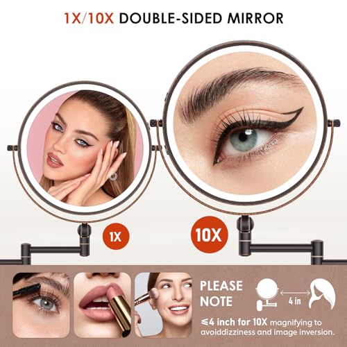 9" Wall Mounted Lighted Makeup Mirror,4000mAh Rechargeable Double Sided 1X/10X Magnifying Mirror with Light,3 Color Lights,Touch Dimmable,Extended Arm 360 Rotation Wall Mounted Makeup Mirror (Bronze)