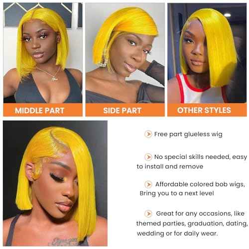 Yellow Bob Wigs Human Hair Straight 13x4 HD Transparent Lace Front Wigs Human Hair Colored Glueless Wig Pre Plucked 180% Density 8 Inch Short Yellow Bob Lace Wig Free Part