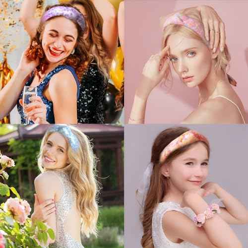 Fishown Knot Headband for Girls, 4 Pack Flower Knotted Hairbands for Kids Girls,Cute Sequined Headbands for Teens Women