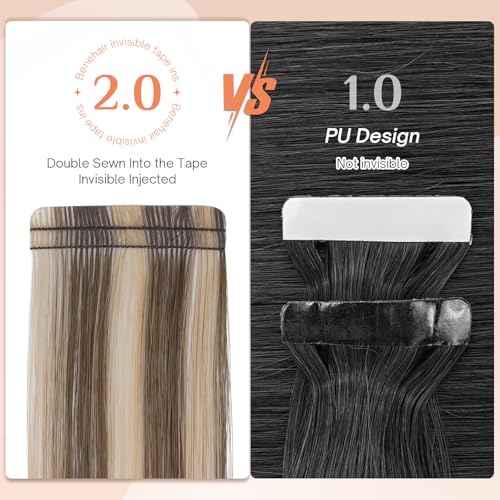 Benehair Tape in Human Hair Extensions, 20 inch Straight Invisible Tape Extensions Remy Blonde Hair Extensions 10pcs 20g Medium Brown Mix Dark Blonde 4p27