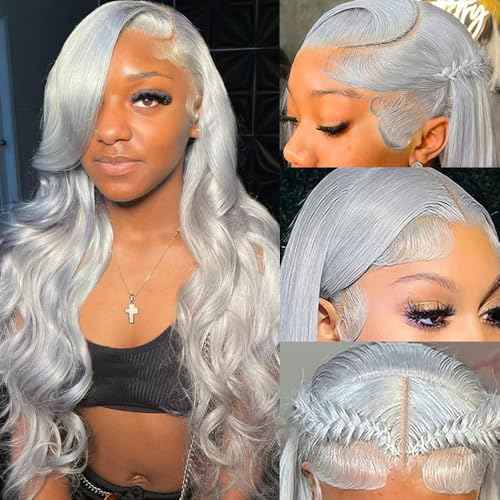 13X6 Silver Grey Lace Front Wig Human Hair Body Wave HD Transparent Grey Lace Front Wigs Human Hair Wear and Go Glueless Wig Preplucked with Baby Hair 24 Inch Gray Hd Lace Frontal Wigs for Black Women