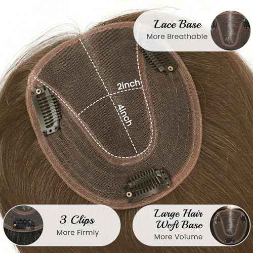 ROSELOVER Hair Topper for Women,12 Inch Real Human Hair Clip-In,4.5x5 Inch Mono Base with Non-Slip Clips,Light Brown(4#)