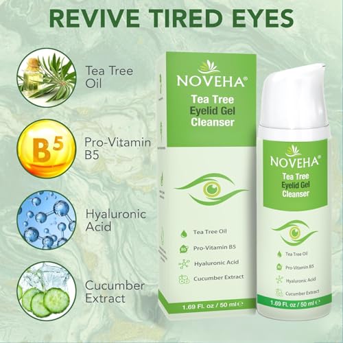 NOVEHA Tea Tree Eyelid Gel Cleanser - for Blepharitis, MGD, and Dry Eye with Pro-Vitamin B5, Hyaluronic Acid, and Cucumber Extract - Gentle Cleansing, Soothes Itchy Eyelid and Burning Eyes - 50mL