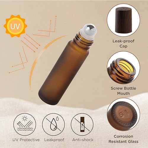 Essential Oil Roller Bottles, 10ml Thick Glass Perfume Roller Bottles with Funnel Opener and Dropper Amber Glass Empty Bottles with Stainless Steel Roller Balls (Amber, 12 Pack)