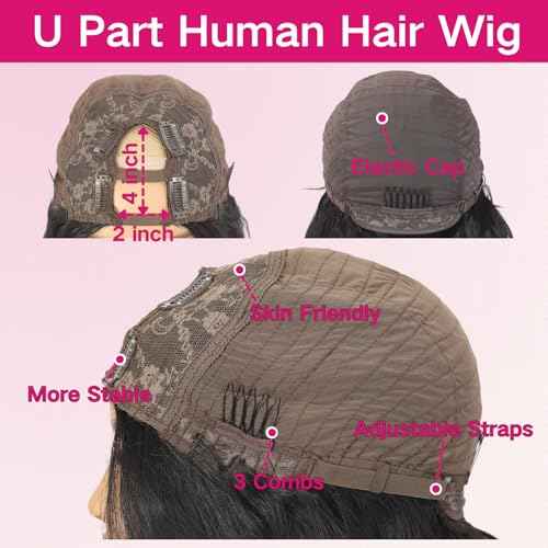U Part Human Hair Wig Body Wave U Part Wig Human Hair for Black Women Glueless Wigs Human Hair Clip Natural Hair Wig Beginner Friendly Middle Part 180% Density 22inch