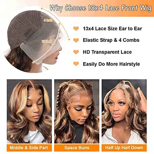 26 Inch Honey Blonde Lace Front Wig Human Hair Pre Plucked Ombre 13x4 Body Wave Lace Front Wigs Human Hair 4/27 Highlight 180 Density HD Lace Frontal Wigs