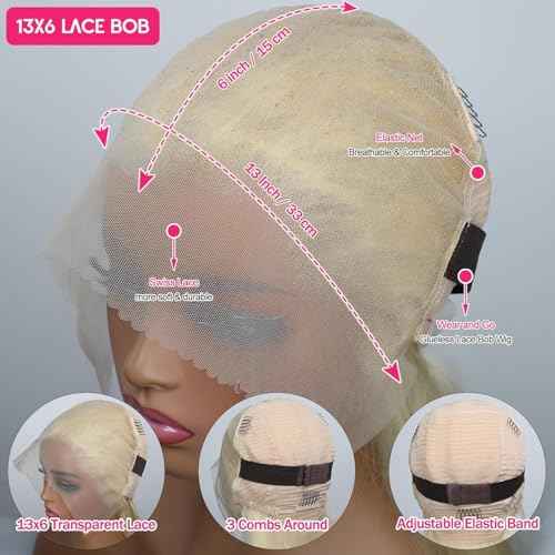 Honey Blonde Bob Wig Human Hair Full 13x6 HD Lace Frontal Glueless Wigs Pre Cut Pre Plucked 100% Unprocessed Brazilian Virgin Human Hair Wigs for Black Women - 180% Density 12 Inch 613 Bob Wig