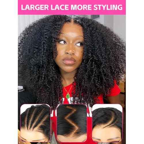 V SHOW Afro Kinky Curly Wear and Go Glueless Wigs Human Hair Pre Plucked Pre Cut 7x5 HD Lace Front Wigs Pre Bleached Bye Bye Knots 180% Density Afro Curly Lace Closure Wig Human Hair for Women 18 Inch