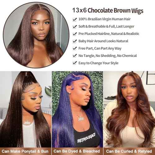 Chocolate Brown Lace Front Wig 26 Inch 13x6 HD Straight Lace Front Wigs Human Hair Pre Plucked 200% Density Glueless Frontal Wigs Brown Human Hair Wig for Women