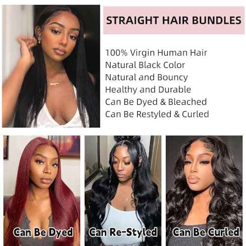 Straight Human Hair 3 Bundles 20 22 24 Inch Peruvian Virgin Human Hair Bundles 100% Unprocessed Straight Hair Bundles Hair Extension Double Weft Nature Black for Black Women