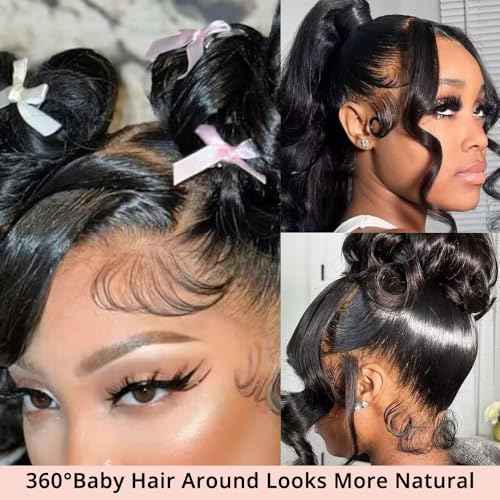 360 Lace Front Wigs Human Hair Body Wave 200% Density 16 Inch Upgraded Hidden Straps 360 HD Full Lace Wigs Human Hair With Drawstring Pre Plucked With Baby Hair for Women Natural Black