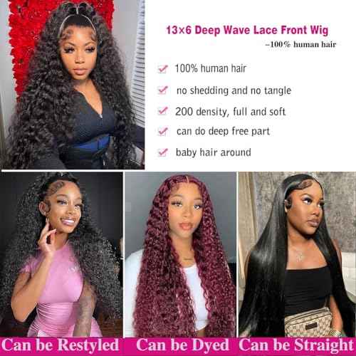 30 Inch Deep Wave Lace Front Wig Human Hair 13x6 HD Pre Plucked 200% Density Deep Curly Lace Frontal Wig for Women