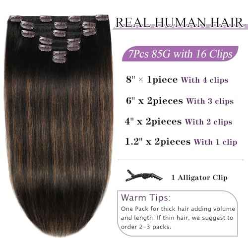 Clip in Hair Extensions Real Human Hair 20 Inch Soft Human Hair Clip in Extensions Straight Clip ins Extensions for Women #2/6/2 Balayage Dark Brown to Chestnut Brown 85g 7Pcs Easy to Styling
