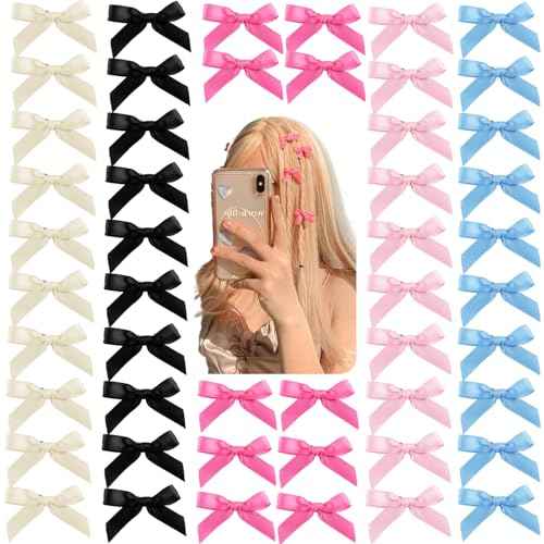 50Pcs Mini Hair Bows Clips for Women Girls Black Blue Hair Ribbon Clips Small Bowknot Barrettes White Pink Satin Cute Bow Hair Clip Metal Y2k Hair Accessories for Braids Teens Toddlers