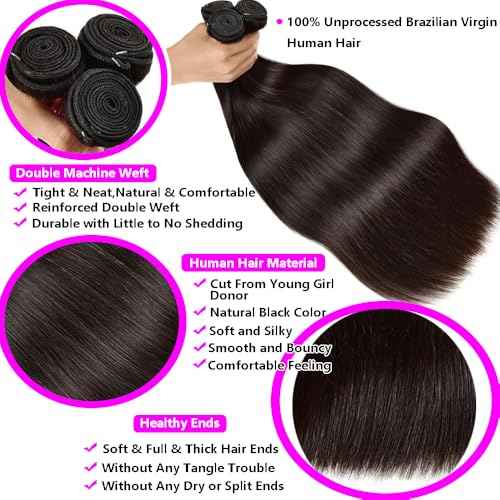 Human Hair Bundles Straight Bundles 26 28 30 Inch 12A Brazilian Virgin Weave Hair Bundles 100% Unprocessed Human Hair 3 Bundles 1B Natural Black Color Bundles Hair Extensions for Black Women