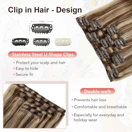 XDhair Clip In Hair Extensions Remy Human Hair 100g 6Pcs Medium Brown #4 Mixed to Caramel Blonde #27 Clip In Real Hair Extensions Silk Stright (#4P27,14Inch)