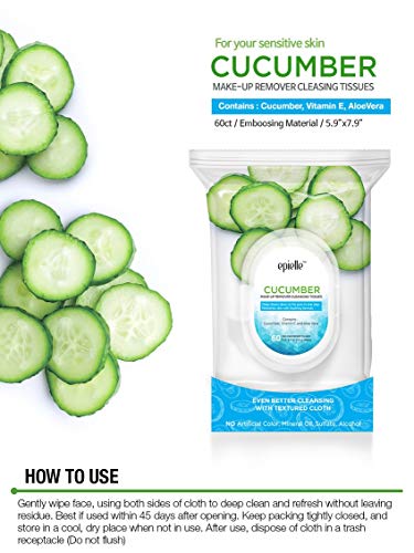 Epielle Cucumber Makeup Remover Wipes | 60 Count, 2 Pack | Gentle Cleansing Towelettes | Beauty Gift, Spa Day, Gift Set | Korean Skincare