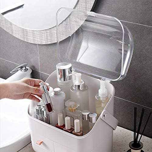 LINFIDITE Cosmetic Storage Box with Lid Waterproof&Dustproof Makeup Organizer Box Portable Handle,Large Makeup Display Case with Drawers Fully Open Lid,Great for Bathroom Countertop Bedroom Dresser