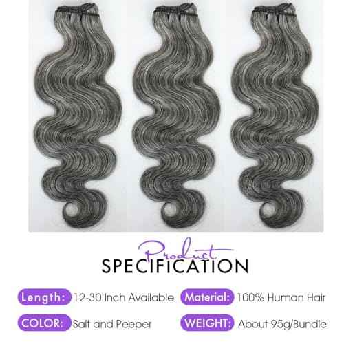 Grey Bundles Human Hair 12 14 16 Inch Salt and Pepper Body Wave Human Hair White Grey 3 Bundles Human Hair Extensions 100% Unprocessed 12A Brazilian Hair for Black Women