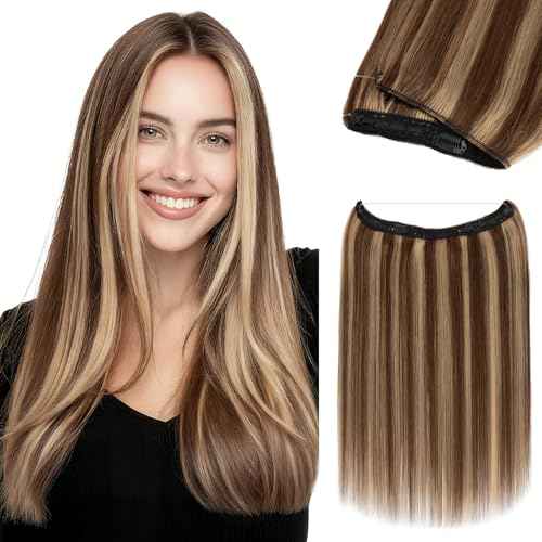 Halo Hair Extensions for Women Human Hair with Invisible Transparent Wire Adjustable Size 2 Secure Clips Long Straight Secret Hairpiece 20 Inch 4RP27R Medium Brown Mixed Dark Blonde
