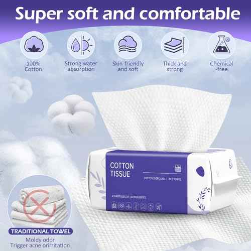 Disposable Face Towel 200 Count, Face Towels, Soft Cotton Dry Wipes Facial Cloths Towelettes for Washing and Drying, Facial Tissue for Cleansing, Skincare and Makeup Remover