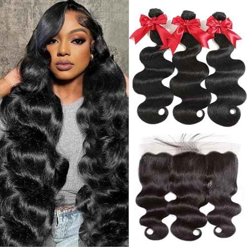 12A Human Hair Bundles with Frontal 18 20 22 with 16 Inch Brazilian Body Wave 3 Bundles Human Hair with 13x4 HD Lace Frontal Closure 100% Unprocessed Virgin Human Hair Weave