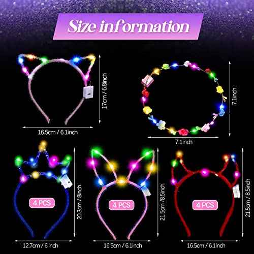 Xinnun 50 Pcs LED Cat Ear Headbands Bulk, Light up Flower Headband Glow Crown Rabbit Ear Head Accessories for Glow in the Dark Party (Cat)