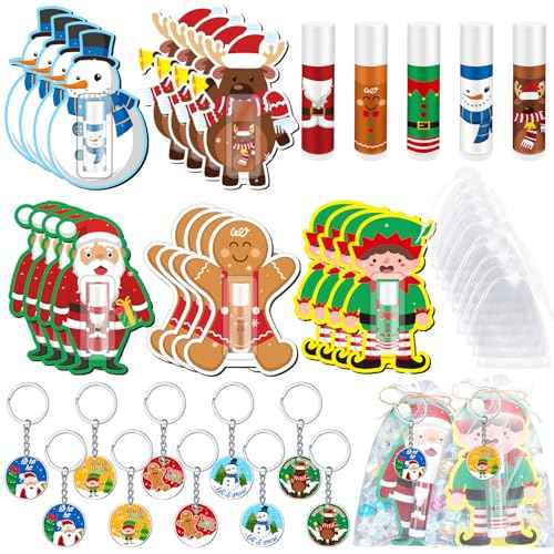 Henoyso 150 Pcs Christmas Favors 5 Styles Lip Balm Bulk Moisturizing Lip Balms Acrylic Keychains with Organza Bags for Xmas Holiday Treat Gifts Women Christmas Stocking Stuffers Party Supplies