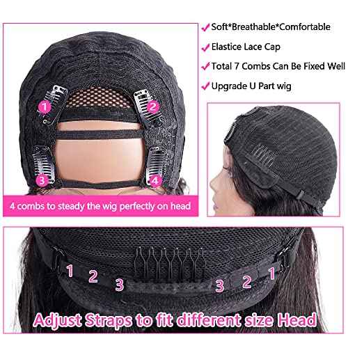 U Part Wigs Human Hair for Black Women Deep Wave Human Hair Brazilian Hair Full Head Clip in Half Wig V Part Glueless Wigs Human Hair Pre Plucked U Shape Wigs (Natural Black, 22 inch)