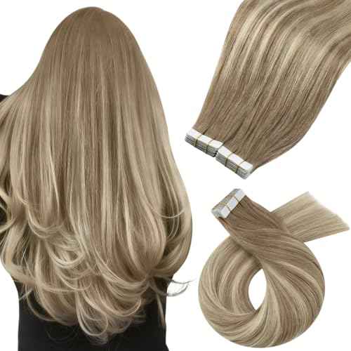 Moresoo 40Pcs Tape in Hair Extensions Human Hair 100G Brown Root to Platinum Blonde with Light Brown Hair Extensions Tape in 20 Inch Human Hair Tape in Real Hair Extensions Fashion Highlight #8/22/8