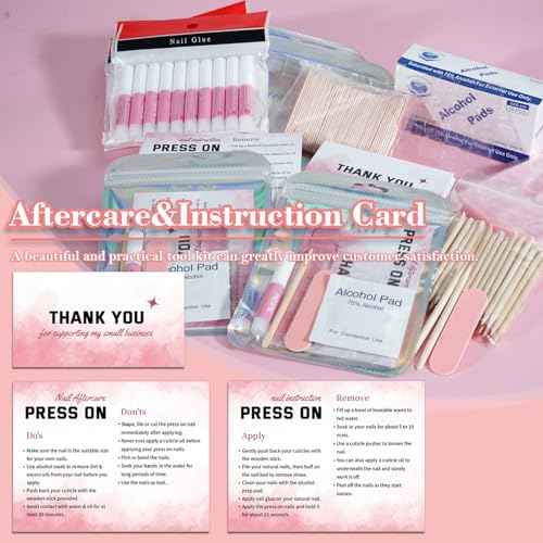 Press On Nail Tool Kit for Business - Prep Application Disposable Kit With File, Glue, Prep Pads, Instruction Card, Adhesive Tabs, Wood Stick, Holographic Bag (50pcs in Pink)