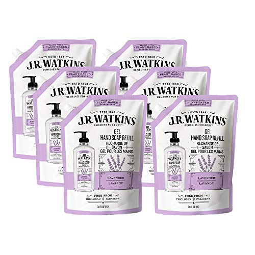 J.R. Watkins Gel Hand Soap Refill Pouch, Scented Liquid Hand Wash for Bathroom or Kitchen, USA Made and Cruelty Free, 34 fl oz, Lavender, 6 Pack