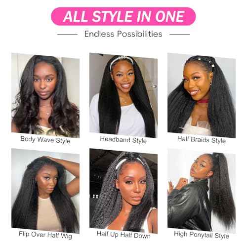 BLY Kinky Straight 3 in 1 Half Wig Human Hair for Women 180% Density Glueless Wear & Go No Lace Flip Over Half Wig Beginner Friendly Seamless Clip In Wigs 18 Inch