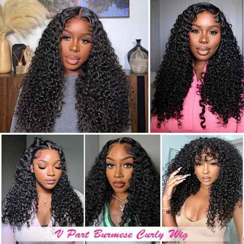 Ainmeys V Part Wigs Human Hair With Drawstring Burmese Curly Human Hair wigs Ready To Go Glueless Wigs Upgrade U Part Wigs Glueless Full Head Clip In Half Wigs With Spiral End (20inch