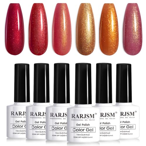 RARJSM Nude Gold Glitter Gel Nail Polish Set 6pcs Jelly Shimmery Sheer Lavender Wine Red Gold Brown Orange Fall Nail Gel Polish Sparkly Translucent Natural Skin Tone Color 7.5ml Soak off UV LED Cured