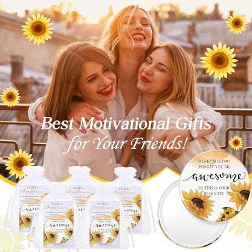 50 Set Inspirational Compact Mirror Bulk Christmas Appreciation Gift for Women Mini Makeup Pocket Mirror with Motivational Cards for Thanksgiving Coworker Employee Nurse Friends (Sunflower)