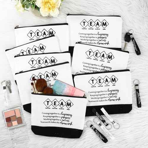 Sanwuta 48 Pcs Canvas Cosmetic Bag Bulk Appreciation Gift for Christmas Inspirational Canvas Makeup Bags Keychains Set for Teacher Employees Coworker Women (Team)