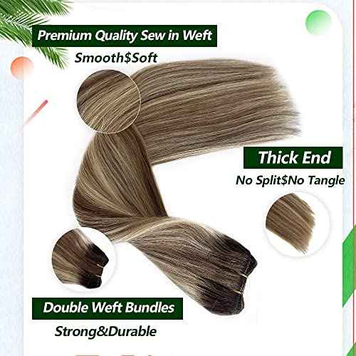 Weft Hair Extensions Human Hair, 16 inch 100g Ash Brown Highlighted Bleach Blonde Sew in Hair Extensions Real Human Hair Hand Tied Weft Hair Extensions Sew In Remy Hair Bundles Weave