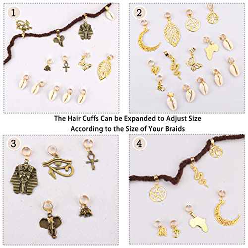 Messen 20 PCS Locs Braids Hair Cuffs 15 Styles Vintage African Pendant Charms Butterfly Shell DIY Hair Accessories (Bronze and Gold)