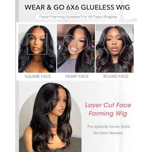 Face-Framing Layered Curtain Bang Glueless Wigs Human Hair Pre Plucked Pre Cut HD Lace Front Wigs 6x6 Ready to Wear Butterfly Haircut Closure Wig Human Hair with Curtain Bangs 16 Inch