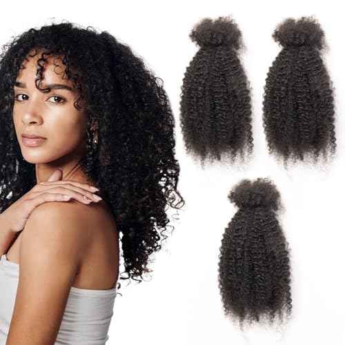 18 Inch Afro Kinky Curly Human Hair Bulk 3 Pack, Pre Looped Micro Locs Dreadlocks Extension, 1B Natural Black for DIY Twist Braids Crochet Repair Protective Styles