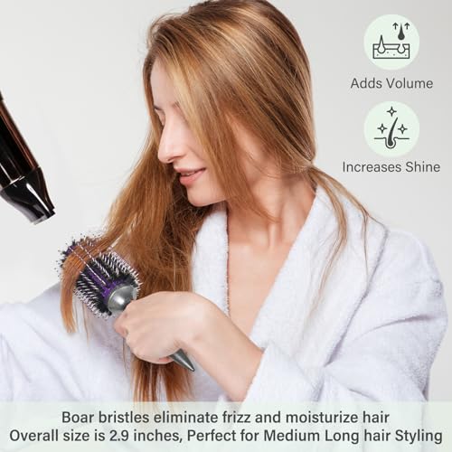 BRUSHZOO Round Brush for Blow Out, Boar Bristle Round Brush for Women Add Shine Volume, Hairbrush for Women Blow Drying Styling