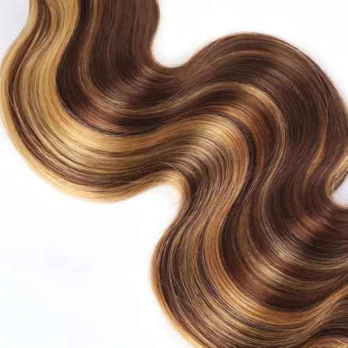Ombre Brown and Honey Blonde Highlight Human Hair Bundles Dark Brown Body Wave Bundles Mixed with Honey Blonde Human Hair Bundles 16 18 20 Inch 3 Bundles Black Roots Human Hair Extensions